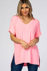 Neon Pink V-Neck Cuffed Short Sleeve Maternity Top