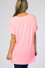 Neon Pink V-Neck Cuffed Short Sleeve Top