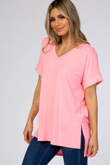 Neon Pink V-Neck Cuffed Short Sleeve Top