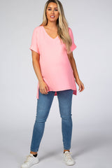 Neon Pink V-Neck Cuffed Short Sleeve Maternity Top