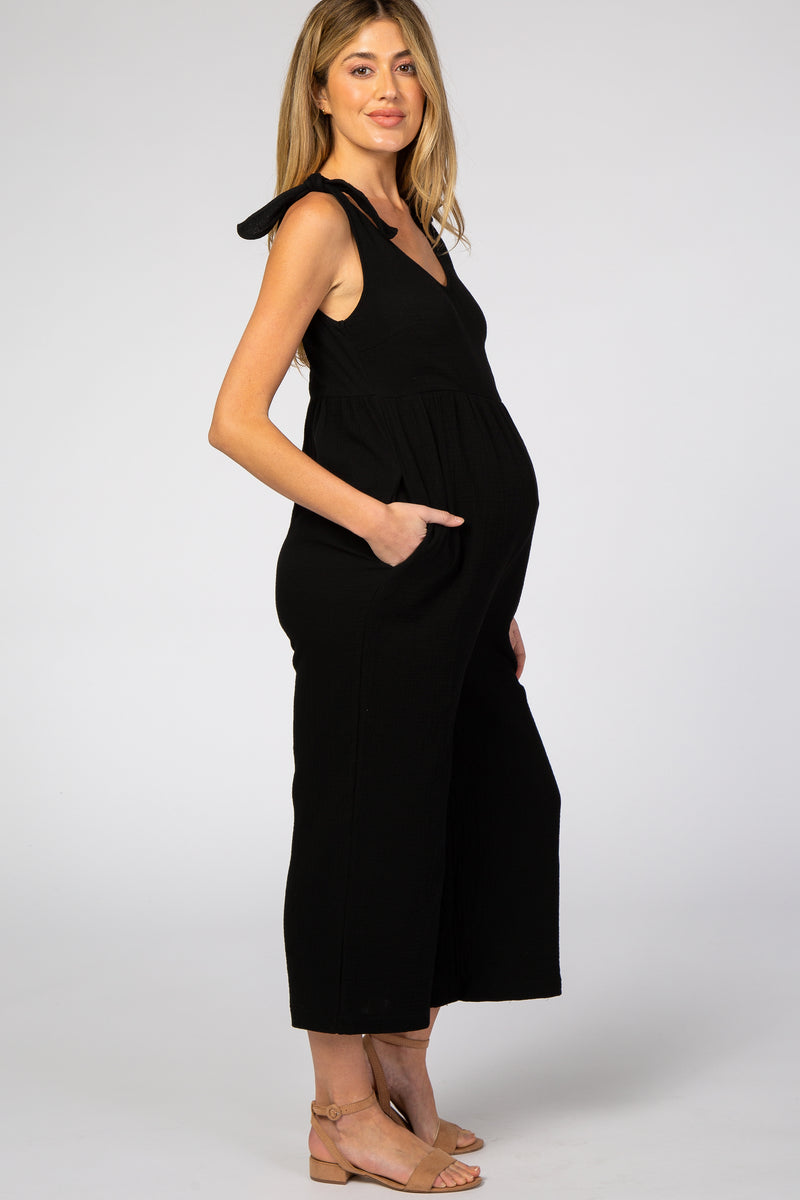 Black Knot Strap Cropped Maternity Jumpsuit– PinkBlush