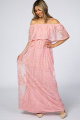 Pink Lace Overlay Off Shoulder Maternity Maxi Dress
