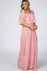 Pink Lace Overlay Off Shoulder Maternity Maxi Dress