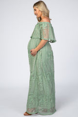Light Olive Lace Overlay Off Shoulder Flounce Maternity Maxi Dress