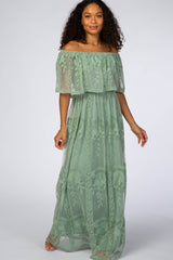 Light Olive Lace Overlay Off Shoulder Flounce Maternity Maxi Dress