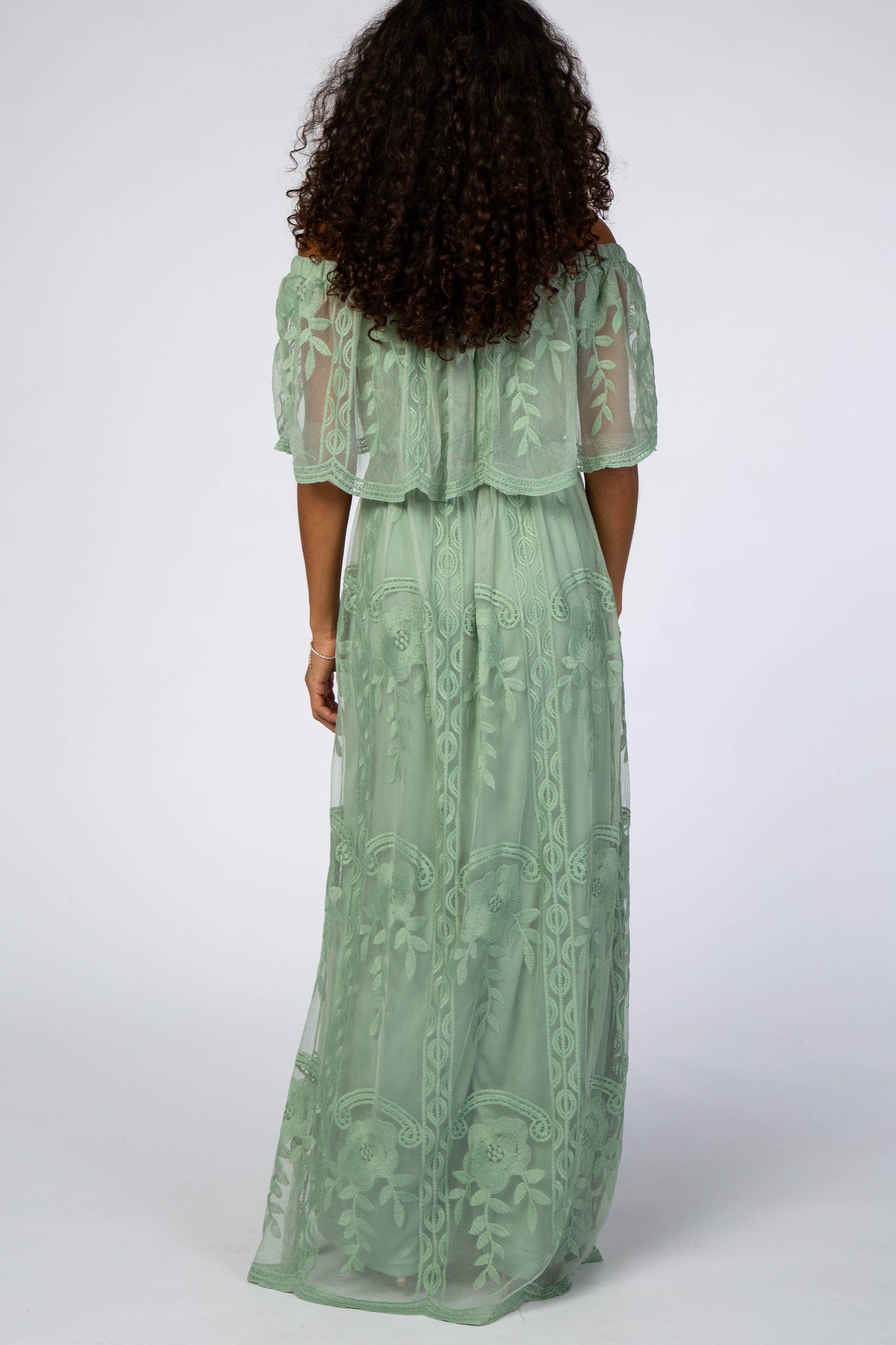 Light Olive Lace Overlay Off Shoulder Flounce Maxi Dress
