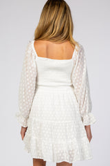 White Smocked Polka Dot Long Sleeve Maternity Dress