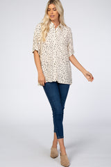 Cream Printed Button Up Collared Blouse