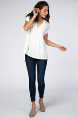 Ivory Boxy Button Front Short Sleeve Top