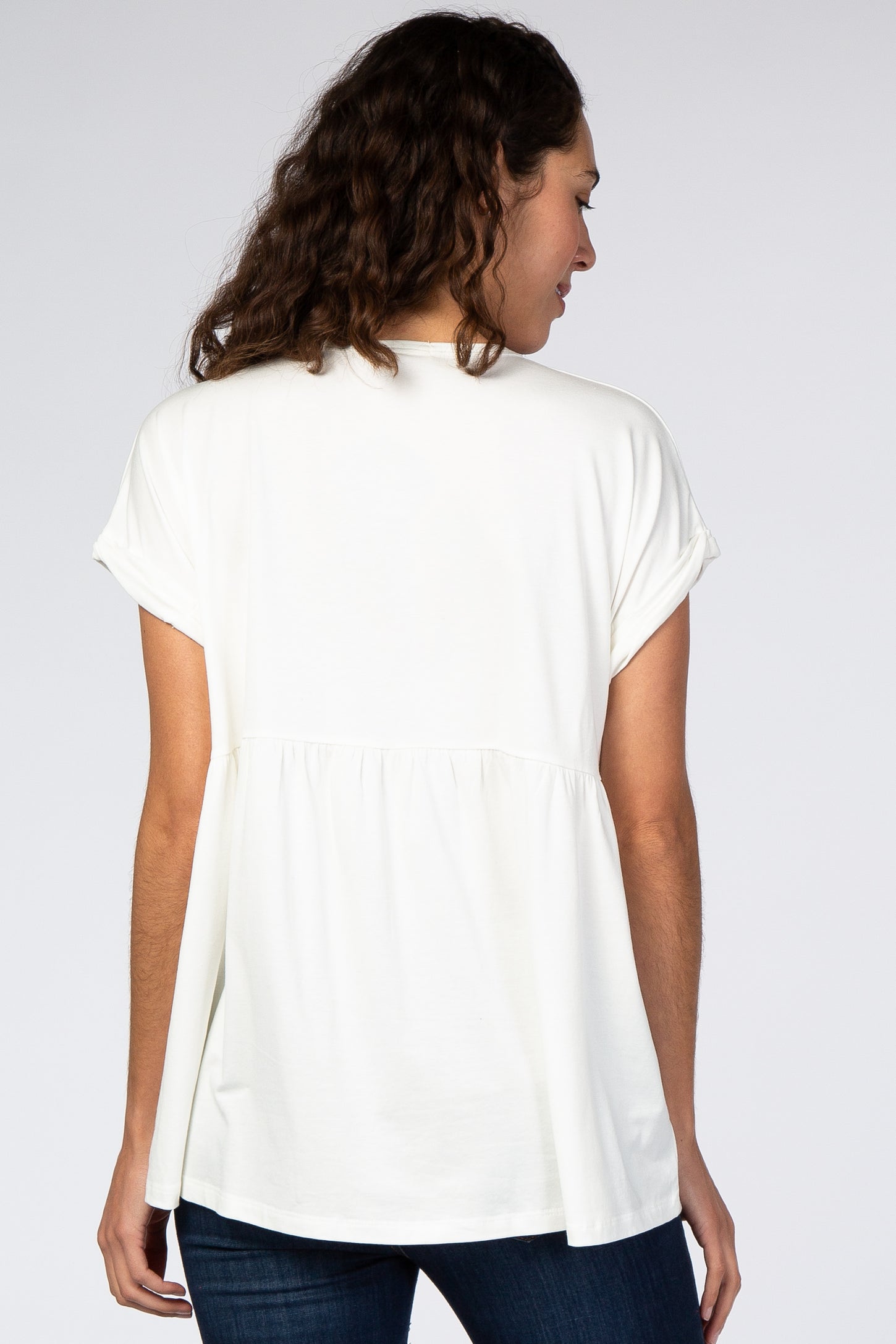 Ivory Boxy Button Front Short Sleeve Top