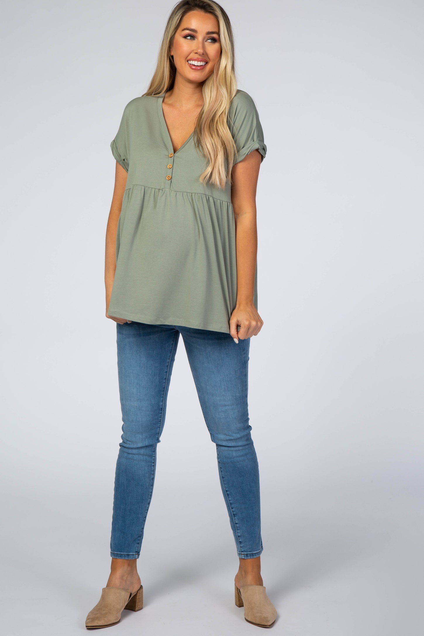 Olive Boxy Button Front Short Sleeve Maternity Top