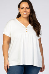Ivory Boxy Button Front Short Sleeve Plus Top