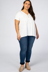 Ivory Boxy Button Front Short Sleeve Plus Top
