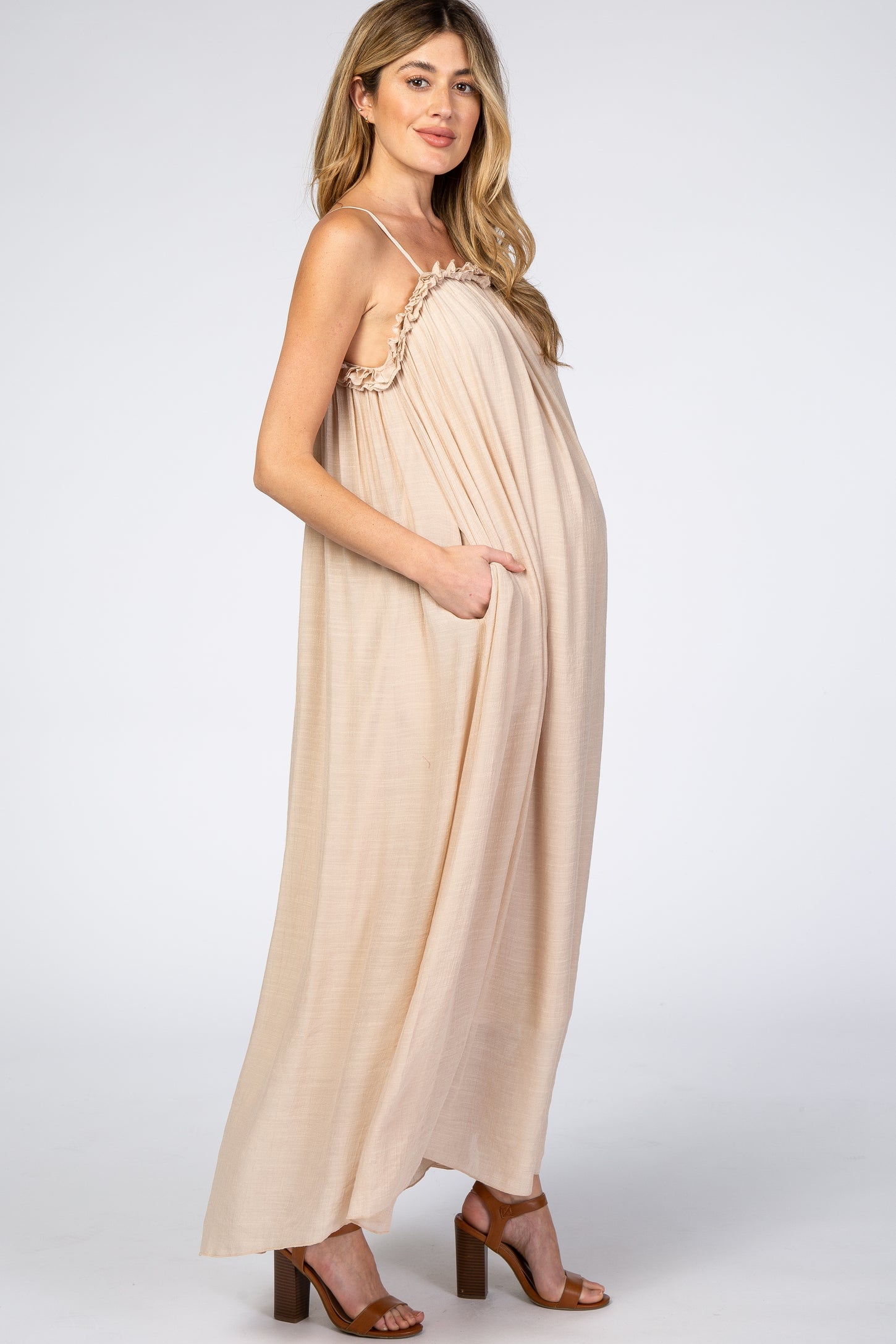 Beige Ruffle Linen Maternity Maxi Dress