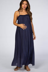 Navy Ruffle Linen Maternity Maxi Dress