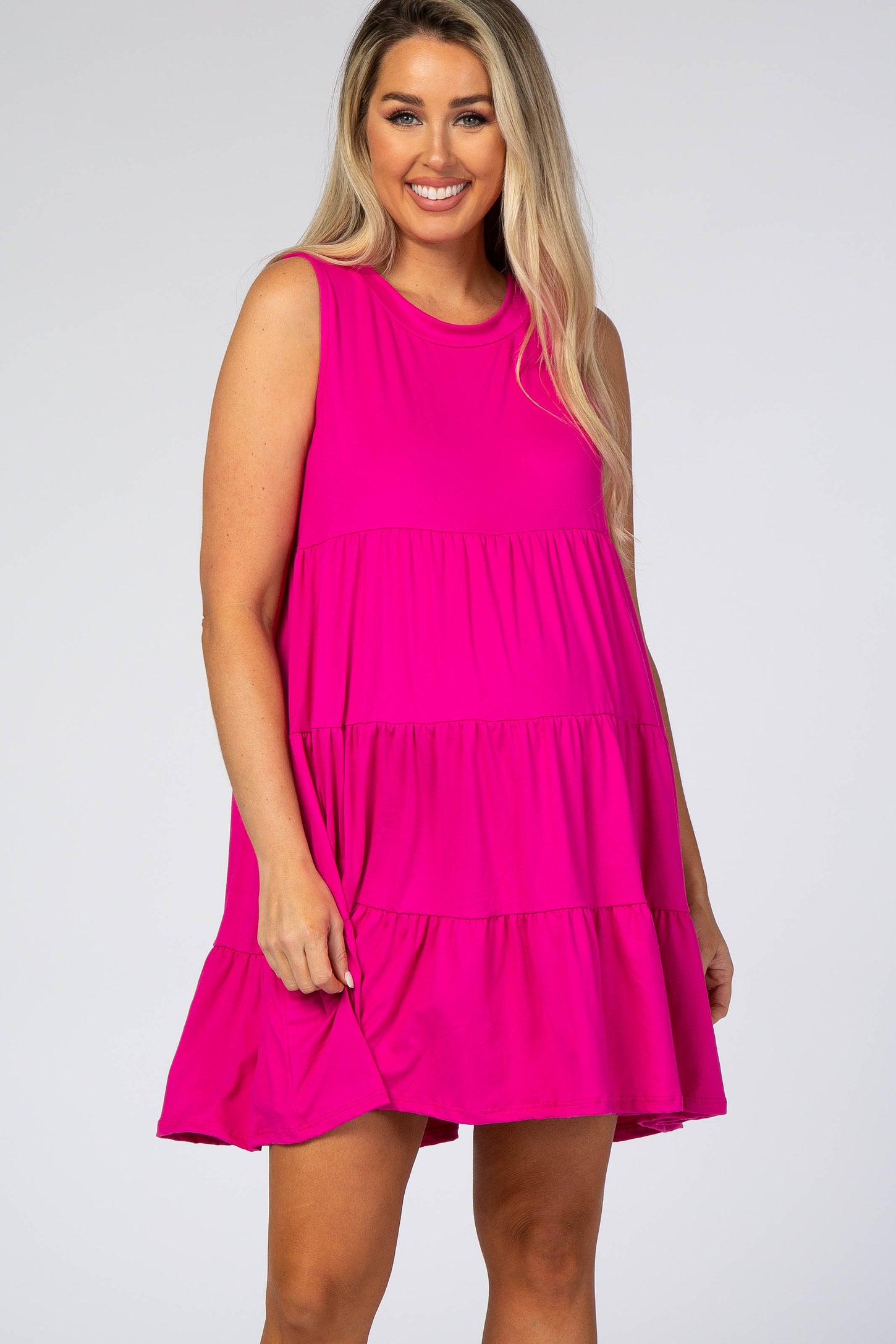 Fuchsia Soft Knit Pleated Tiered Sleeveless Maternity Dress PinkBlush