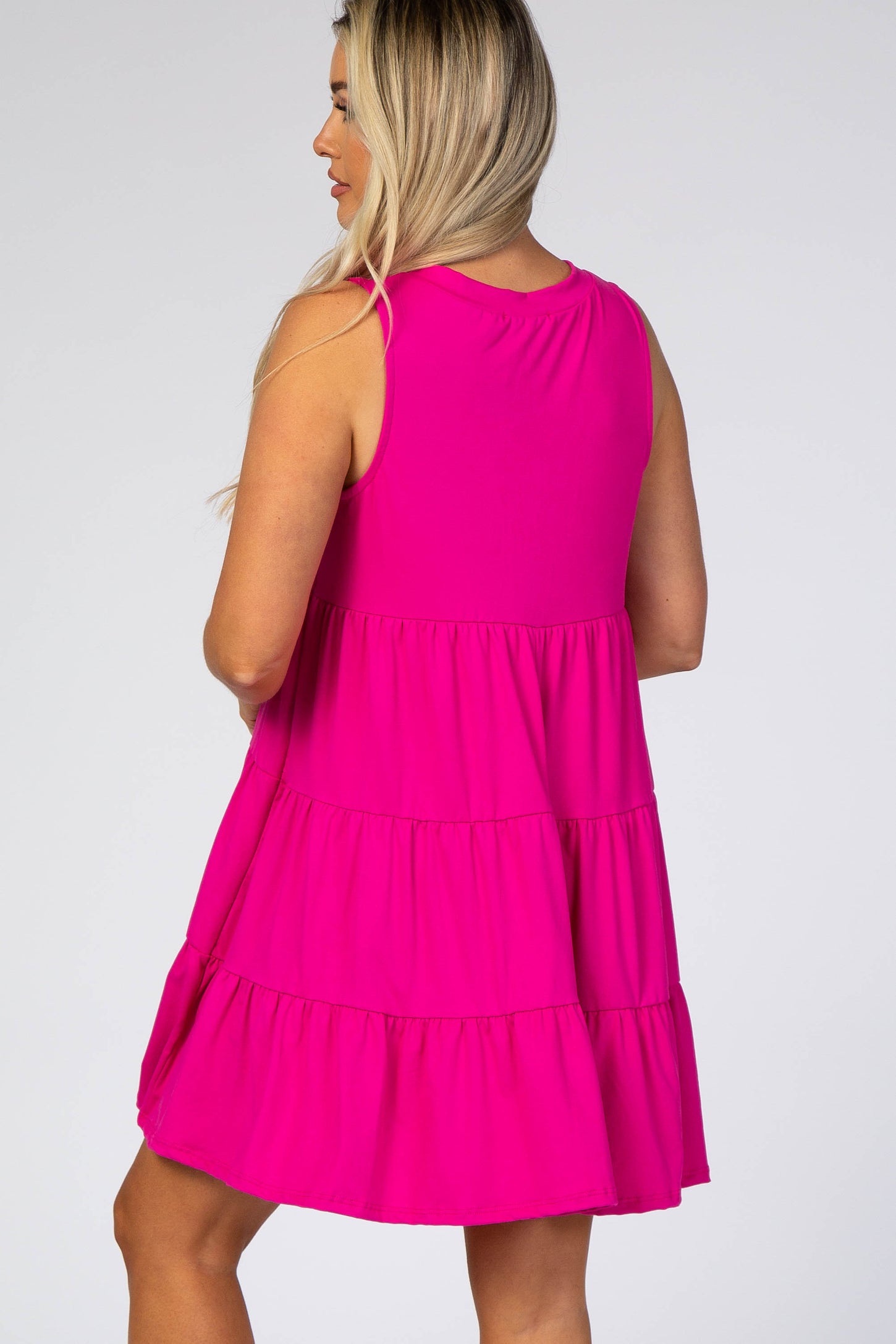Fuchsia Soft Knit Pleated Tiered Sleeveless Maternity Dress PinkBlush