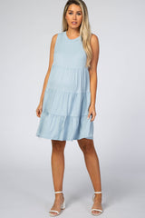 Light Blue Soft Knit Pleated Tiered Sleeveless Maternity Dress