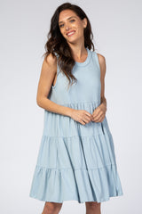 Light Blue Soft Knit Pleated Tiered Sleeveless Dress