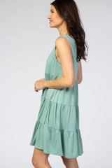 Mint Soft Knit Pleated Tiered Sleeveless Dress