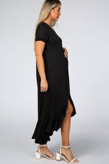 Black Short Sleeve Ruffle Hem Maternity Maxi Dress