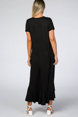 Black Short Sleeve Ruffle Hem Maternity Maxi Dress