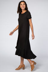 Black Short Sleeve Ruffle Hem Maxi Dress