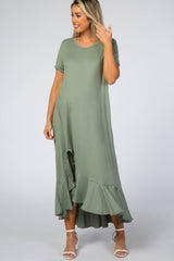 Light Olive Short Sleeve Ruffle Hem Maternity Maxi Dress