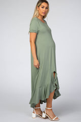 Light Olive Short Sleeve Ruffle Hem Maternity Maxi Dress