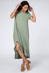Light Olive Short Sleeve Ruffle Hem Maxi Dress