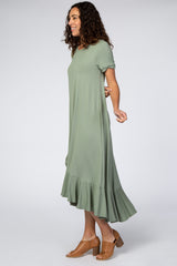 Light Olive Short Sleeve Ruffle Hem Maxi Dress