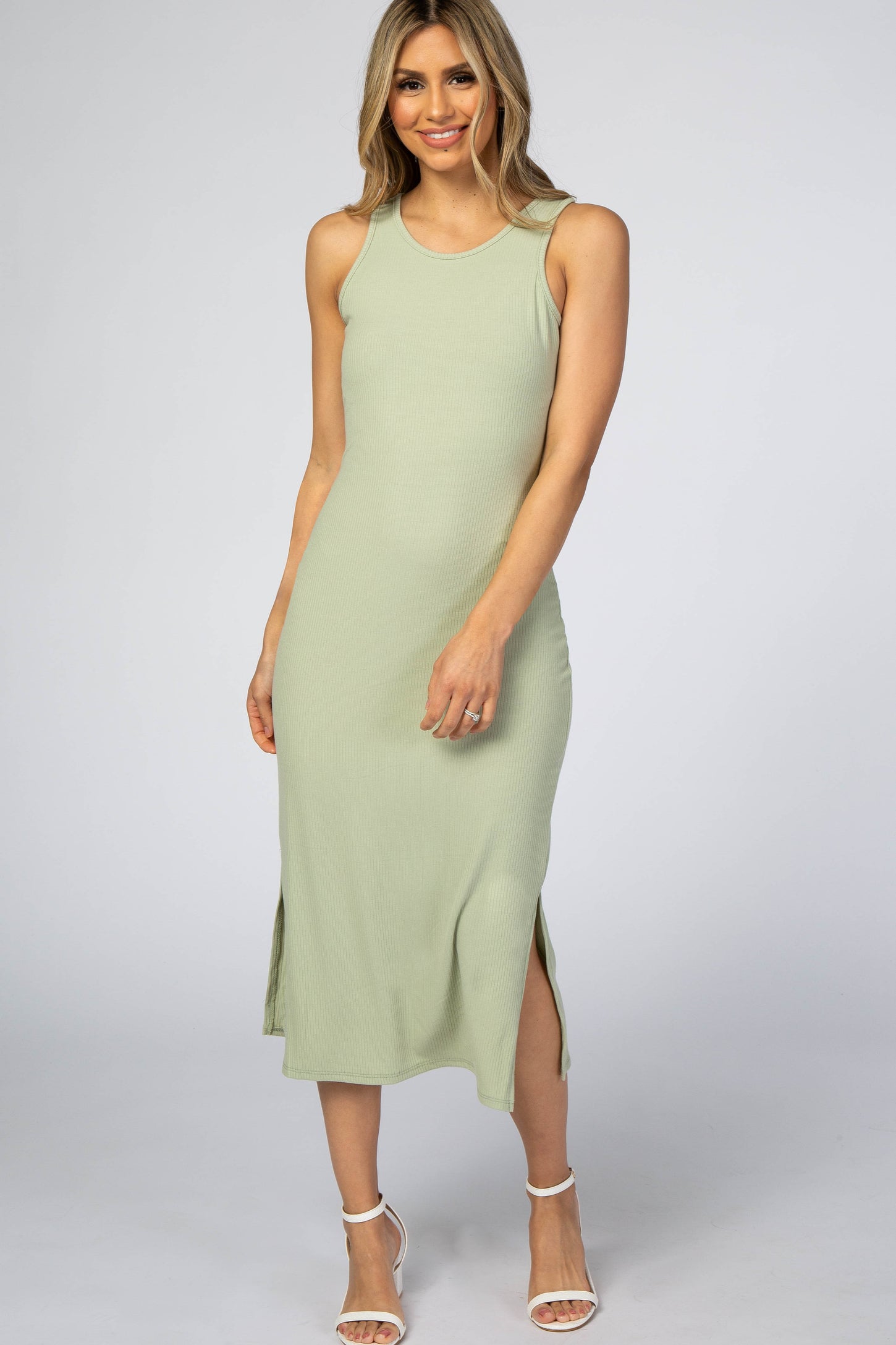 Light Green Ribbed Sleeveless Fitted Midi Dress Light Green Ribbed Sleeveless Fitted Midi Dress