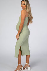 Light Green Ribbed Sleeveless Fitted Midi Maternity Dress