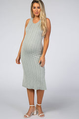 Light Olive White Striped Fitted Maternity Midi Dress