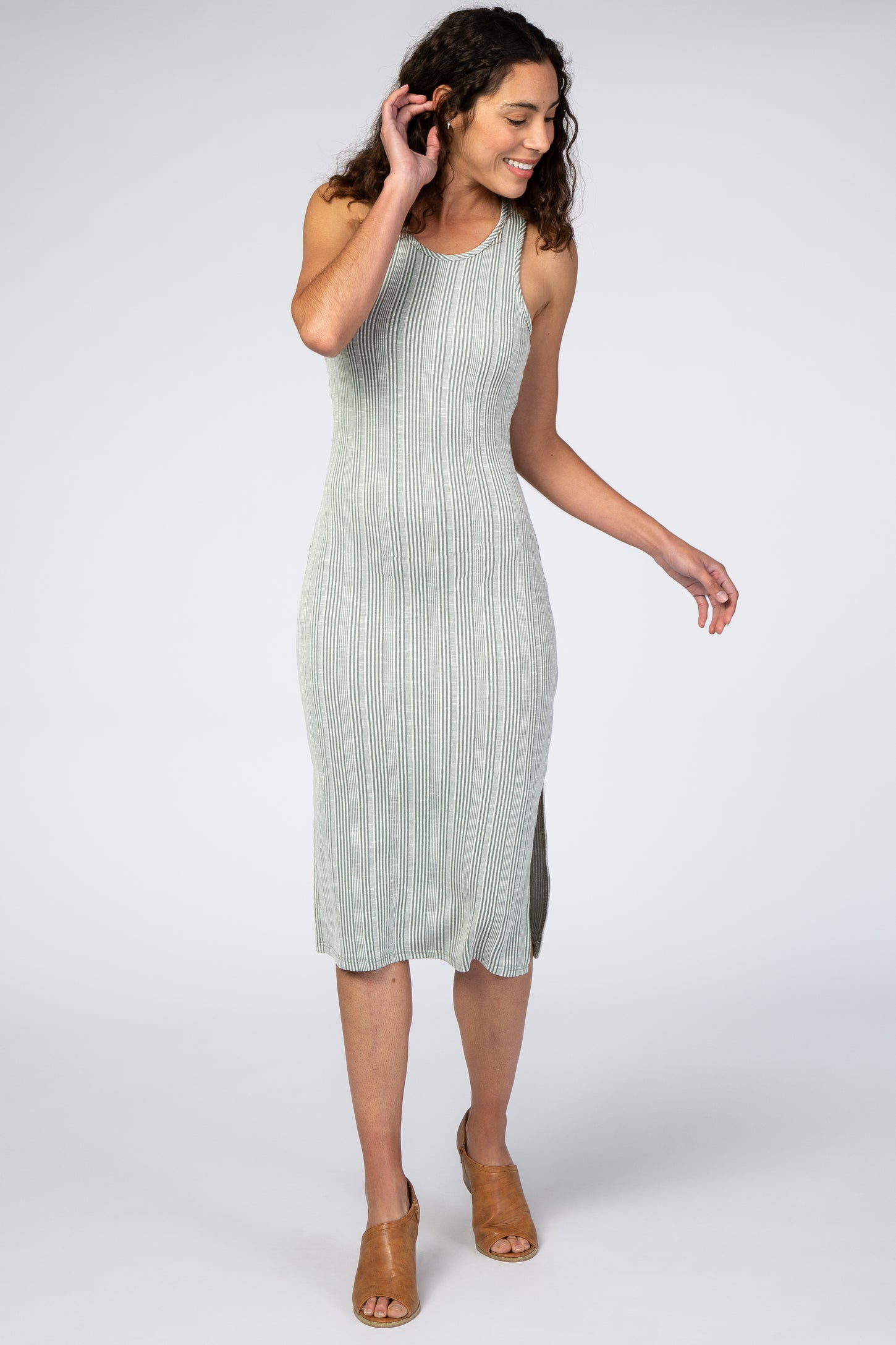 Light Olive White Striped Fitted Maternity Midi Dress