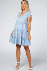 Light Blue Tiered Maternity Dress
