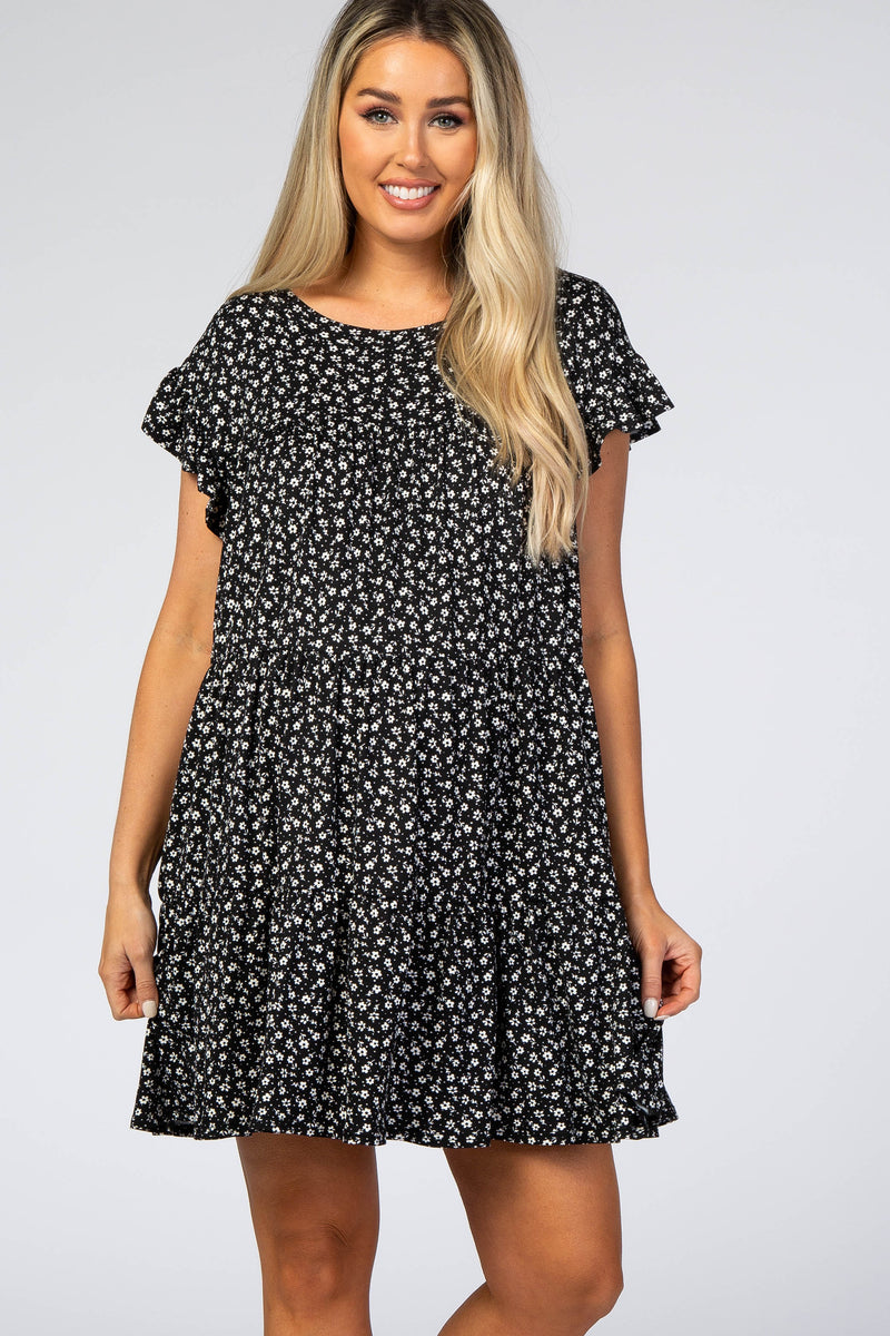 Black Floral Tiered Maternity Mini Dress– PinkBlush