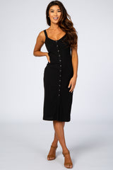 Black Ribbed Snap Button Front Fitted Maternity Midi Dress