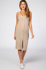 Beige Ribbed Snap Button Front Fitted Maternity Midi Dress