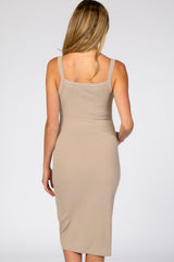 Beige Ribbed Snap Button Front Fitted Maternity Midi Dress