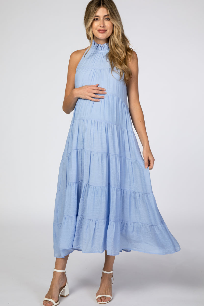 Light Blue Tiered High Neck Maternity Maxi Dress– PinkBlush