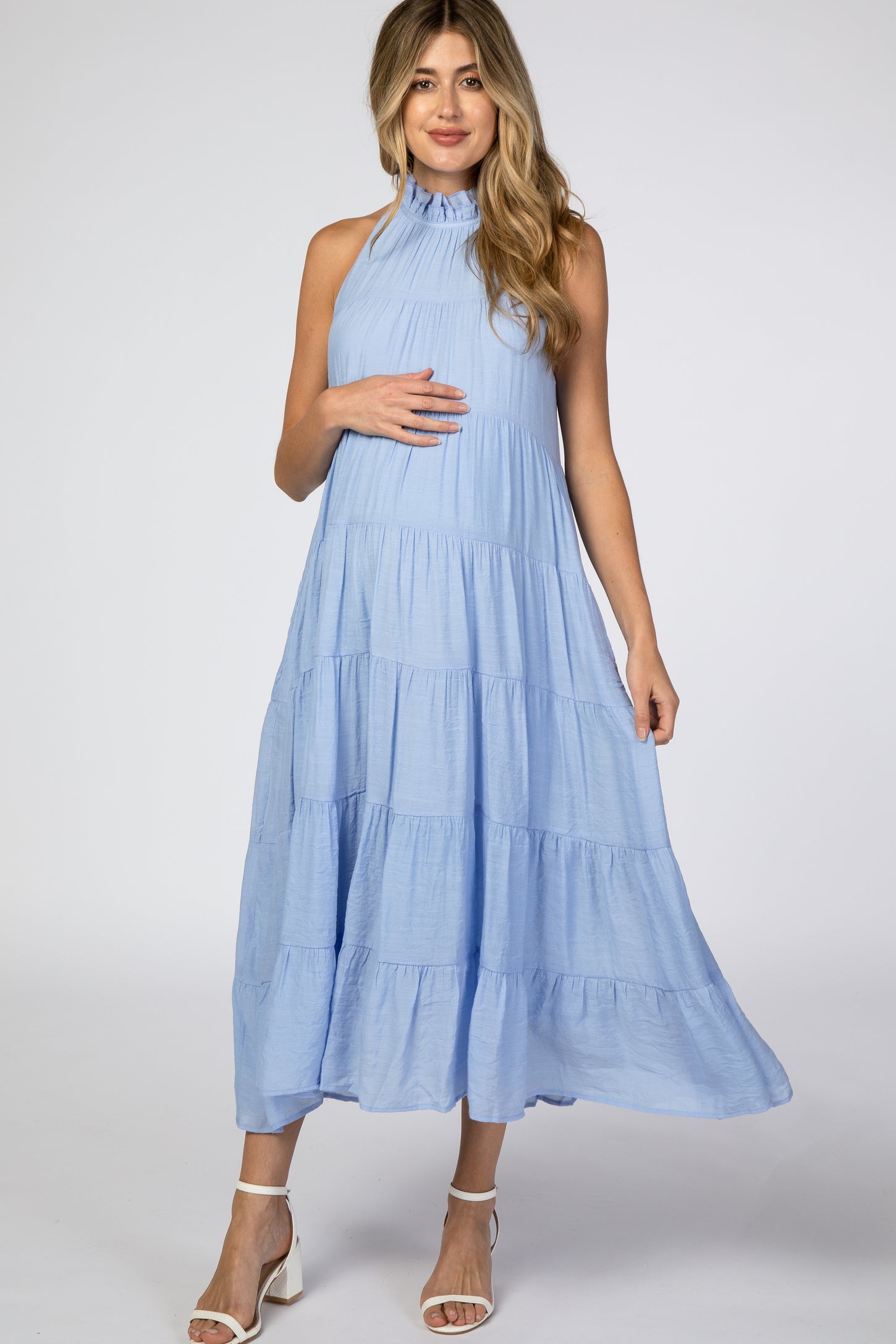 Light Blue Tiered High Neck Maternity Maxi Dress