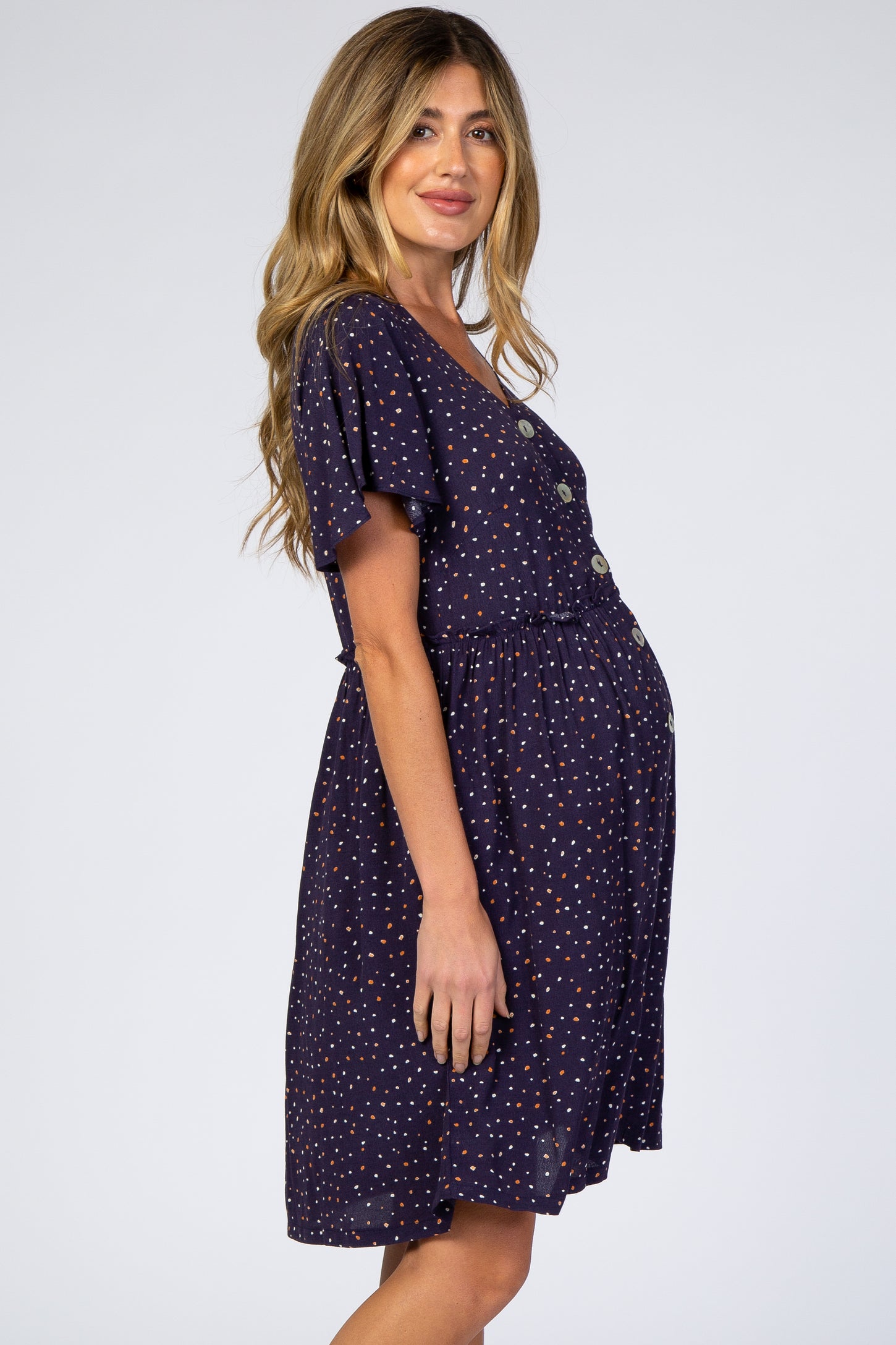 Navy Blue Speckled Button Front Maternity Dress– PinkBlush