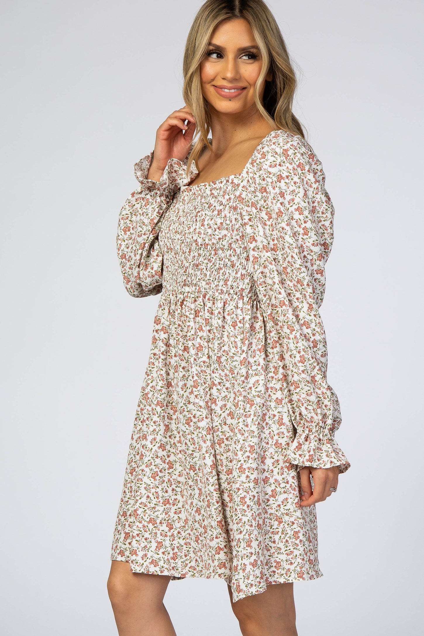 Ivory Floral Smocked Long Sleeve Dress – PinkBlush