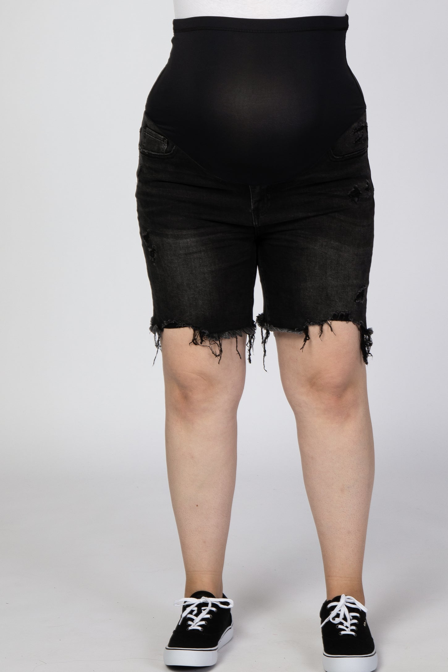 Black Distressed Fringe Hem Maternity Plus Denim Shorts