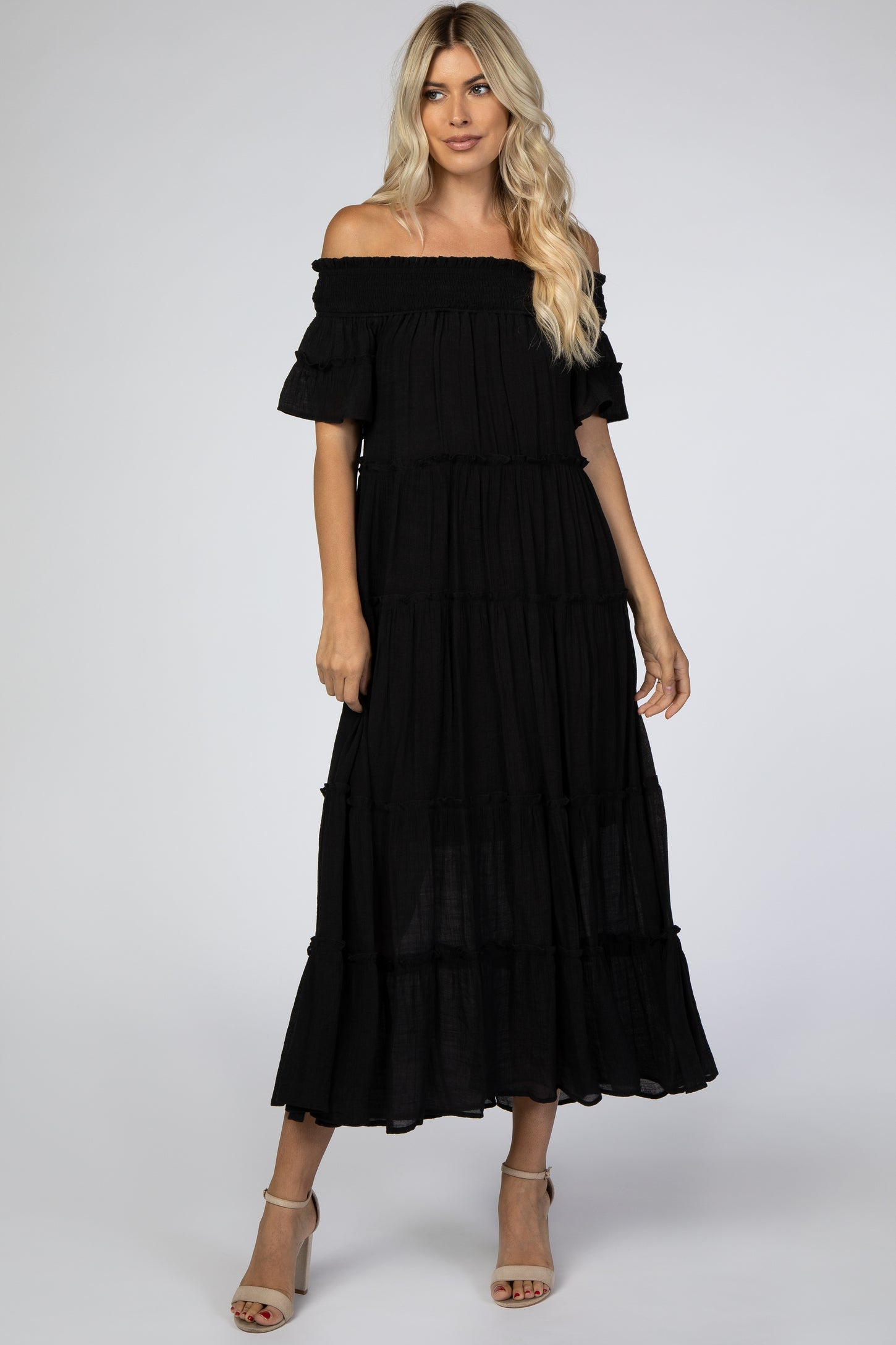 Black Off Shoulder Tiered Maternity Maxi Dress – PinkBlush