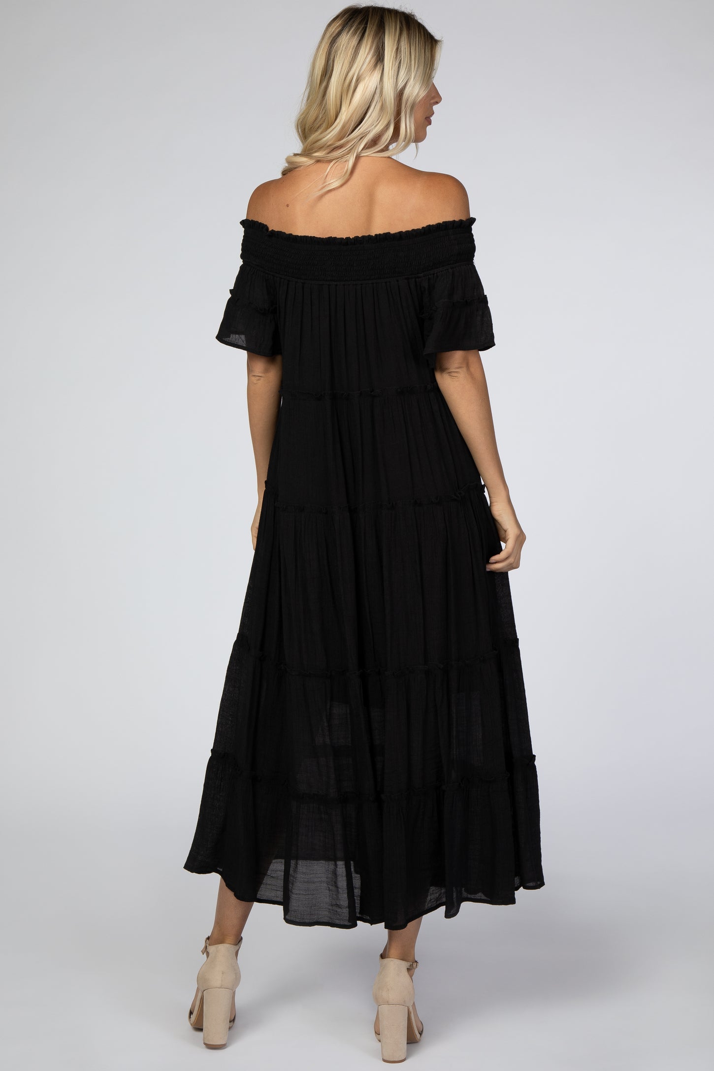Black Off Shoulder Tiered Maxi Dress– PinkBlush