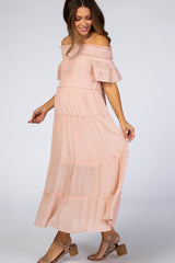 Mauve Off Shoulder Tiered Maternity Maxi Dress