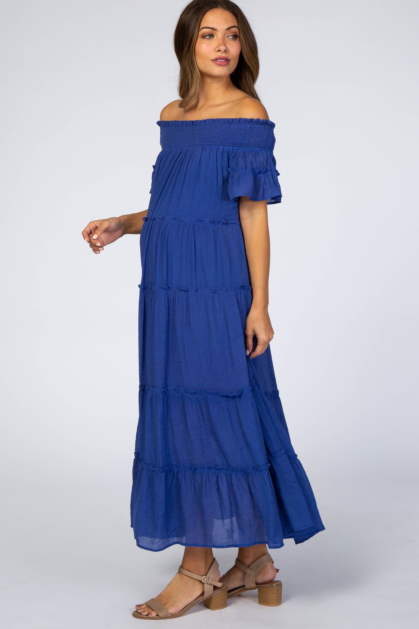 Royal Blue Off Shoulder Tiered Maternity Maxi Dress– PinkBlush