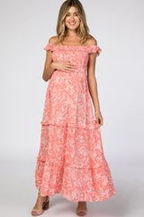 Pink Floral Ruffle Smocked Maternity Maxi Dress